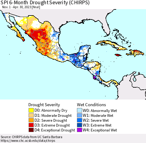 Mexico Central America and the Caribbean SPI 6-Month Drought Severity (CHIRPS) Thematic Map For 11/1/2022 - 4/30/2023