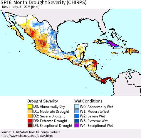 Mexico Central America and the Caribbean SPI 6-Month Drought Severity (CHIRPS) Thematic Map For 12/1/2022 - 5/31/2023