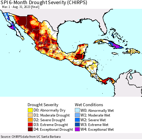 Mexico Central America and the Caribbean SPI 6-Month Drought Severity (CHIRPS) Thematic Map For 3/1/2023 - 8/31/2023