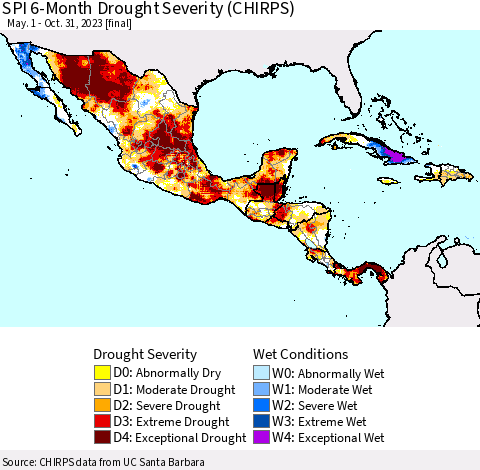 Mexico Central America and the Caribbean SPI 6-Month Drought Severity (CHIRPS) Thematic Map For 5/1/2023 - 10/31/2023