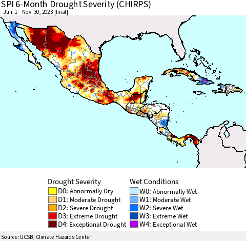 Mexico Central America and the Caribbean SPI 6-Month Drought Severity (CHIRPS) Thematic Map For 6/1/2023 - 11/30/2023