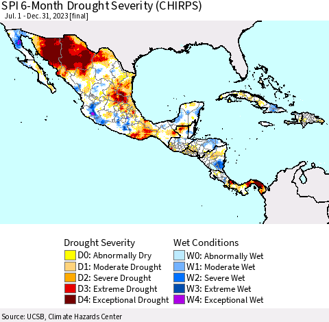 Mexico Central America and the Caribbean SPI 6-Month Drought Severity (CHIRPS) Thematic Map For 7/1/2023 - 12/31/2023