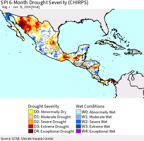 Mexico Central America and the Caribbean SPI 6-Month Drought Severity (CHIRPS) Thematic Map For 8/1/2023 - 1/31/2024