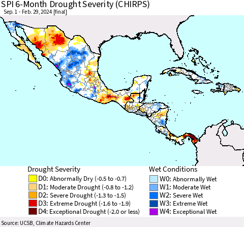 Mexico Central America and the Caribbean SPI 6-Month Drought Severity (CHIRPS) Thematic Map For 9/1/2023 - 2/29/2024