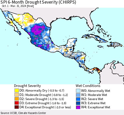 Mexico Central America and the Caribbean SPI 6-Month Drought Severity (CHIRPS) Thematic Map For 10/1/2023 - 3/31/2024