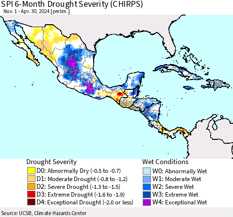Mexico Central America and the Caribbean SPI 6-Month Drought Severity (CHIRPS) Thematic Map For 11/1/2023 - 4/30/2024