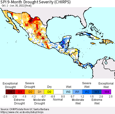 Mexico Central America and the Caribbean SPI 9-Month Drought Severity (CHIRPS) Thematic Map For 10/1/2021 - 6/30/2022