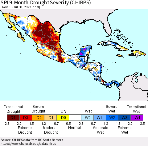 Mexico Central America and the Caribbean SPI 9-Month Drought Severity (CHIRPS) Thematic Map For 11/1/2021 - 7/31/2022