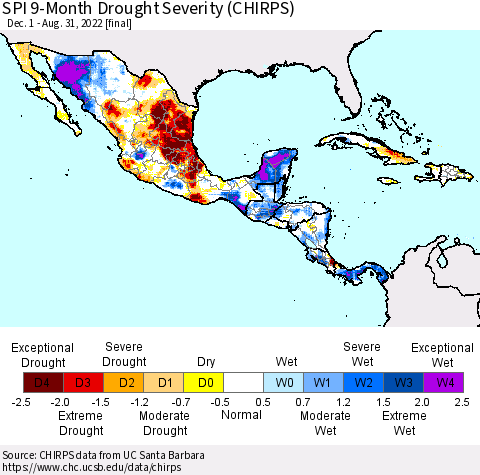 Mexico Central America and the Caribbean SPI 9-Month Drought Severity (CHIRPS) Thematic Map For 12/1/2021 - 8/31/2022