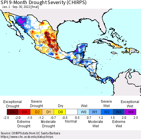 Mexico Central America and the Caribbean SPI 9-Month Drought Severity (CHIRPS) Thematic Map For 1/1/2022 - 9/30/2022