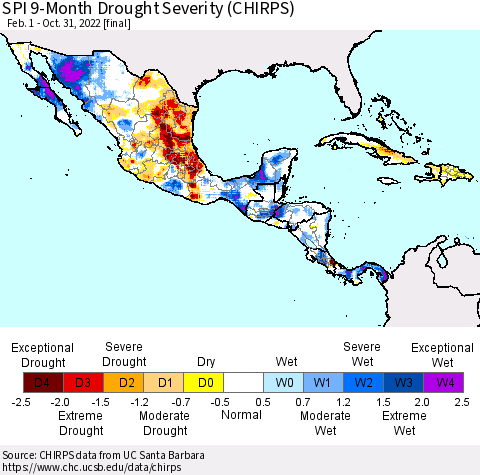 Mexico Central America and the Caribbean SPI 9-Month Drought Severity (CHIRPS) Thematic Map For 2/1/2022 - 10/31/2022