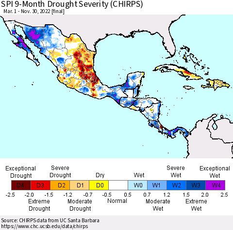 Mexico Central America and the Caribbean SPI 9-Month Drought Severity (CHIRPS) Thematic Map For 3/1/2022 - 11/30/2022