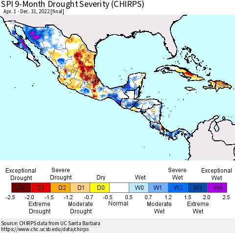 Mexico Central America and the Caribbean SPI 9-Month Drought Severity (CHIRPS) Thematic Map For 4/1/2022 - 12/31/2022