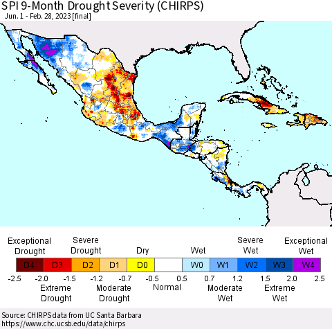 Mexico Central America and the Caribbean SPI 9-Month Drought Severity (CHIRPS) Thematic Map For 6/1/2022 - 2/28/2023