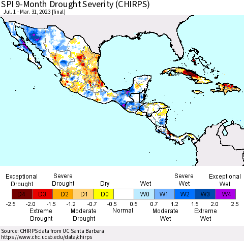 Mexico Central America and the Caribbean SPI 9-Month Drought Severity (CHIRPS) Thematic Map For 7/1/2022 - 3/31/2023