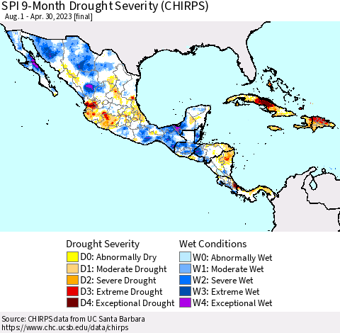 Mexico Central America and the Caribbean SPI 9-Month Drought Severity (CHIRPS) Thematic Map For 8/1/2022 - 4/30/2023
