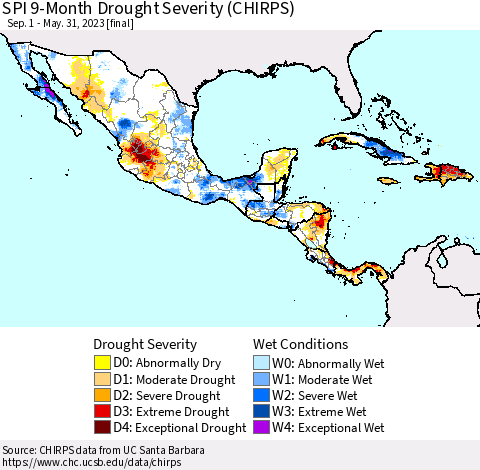 Mexico Central America and the Caribbean SPI 9-Month Drought Severity (CHIRPS) Thematic Map For 9/1/2022 - 5/31/2023