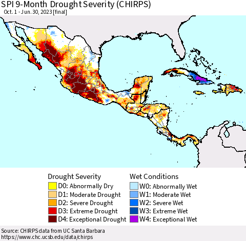 Mexico Central America and the Caribbean SPI 9-Month Drought Severity (CHIRPS) Thematic Map For 10/1/2022 - 6/30/2023