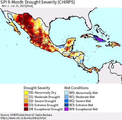 Mexico Central America and the Caribbean SPI 9-Month Drought Severity (CHIRPS) Thematic Map For 11/1/2022 - 7/31/2023