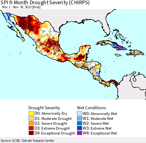 Mexico Central America and the Caribbean SPI 9-Month Drought Severity (CHIRPS) Thematic Map For 3/1/2023 - 11/30/2023