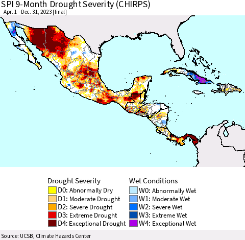 Mexico Central America and the Caribbean SPI 9-Month Drought Severity (CHIRPS) Thematic Map For 4/1/2023 - 12/31/2023