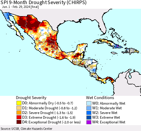 Mexico Central America and the Caribbean SPI 9-Month Drought Severity (CHIRPS) Thematic Map For 6/1/2023 - 2/29/2024