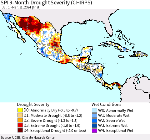Mexico Central America and the Caribbean SPI 9-Month Drought Severity (CHIRPS) Thematic Map For 7/1/2023 - 3/31/2024