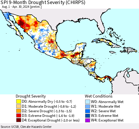 Mexico Central America and the Caribbean SPI 9-Month Drought Severity (CHIRPS) Thematic Map For 8/1/2023 - 4/30/2024