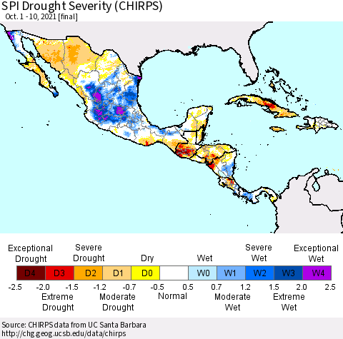 Mexico Central America and the Caribbean SPI Drought Severity (CHIRPS) Thematic Map For 10/1/2021 - 10/10/2021