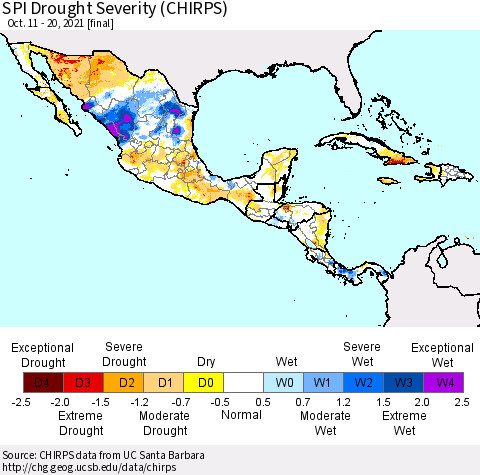 Mexico Central America and the Caribbean SPI Drought Severity (CHIRPS) Thematic Map For 10/11/2021 - 10/20/2021