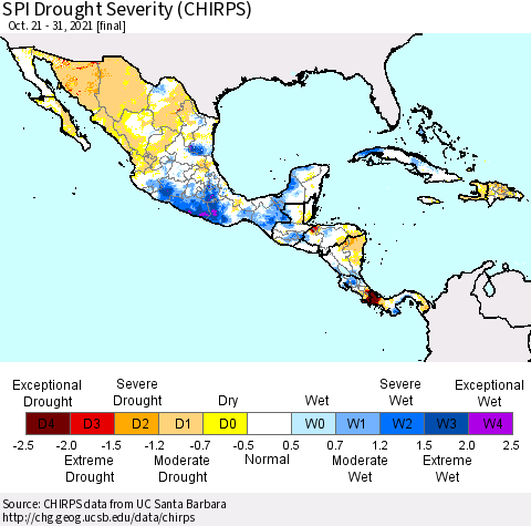Mexico Central America and the Caribbean SPI Drought Severity (CHIRPS) Thematic Map For 10/21/2021 - 10/31/2021