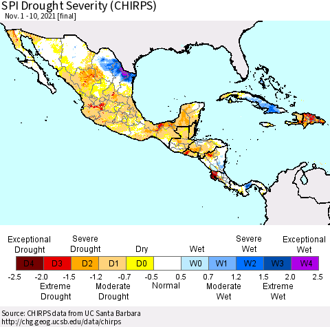 Mexico Central America and the Caribbean SPI Drought Severity (CHIRPS) Thematic Map For 11/1/2021 - 11/10/2021