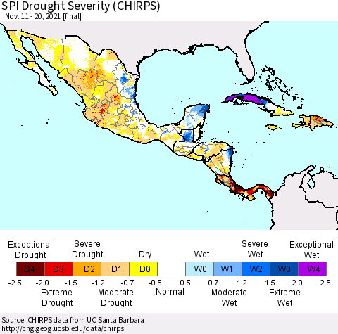 Mexico Central America and the Caribbean SPI Drought Severity (CHIRPS) Thematic Map For 11/11/2021 - 11/20/2021