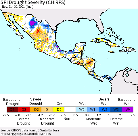 Mexico Central America and the Caribbean SPI Drought Severity (CHIRPS) Thematic Map For 11/21/2021 - 11/30/2021