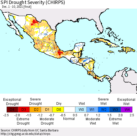 Mexico Central America and the Caribbean SPI Drought Severity (CHIRPS) Thematic Map For 12/1/2021 - 12/10/2021