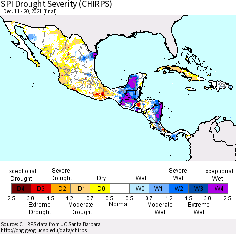 Mexico Central America and the Caribbean SPI Drought Severity (CHIRPS) Thematic Map For 12/11/2021 - 12/20/2021