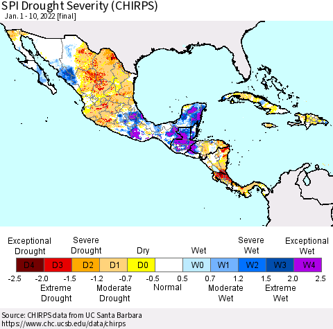 Mexico Central America and the Caribbean SPI Drought Severity (CHIRPS) Thematic Map For 1/1/2022 - 1/10/2022