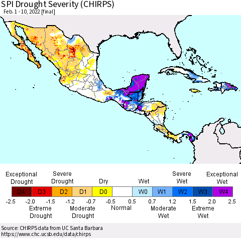 Mexico Central America and the Caribbean SPI Drought Severity (CHIRPS) Thematic Map For 2/1/2022 - 2/10/2022