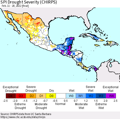 Mexico Central America and the Caribbean SPI Drought Severity (CHIRPS) Thematic Map For 2/11/2022 - 2/20/2022