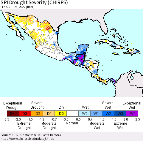 Mexico Central America and the Caribbean SPI Drought Severity (CHIRPS) Thematic Map For 2/21/2022 - 2/28/2022