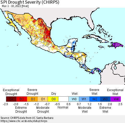 Mexico Central America and the Caribbean SPI Drought Severity (CHIRPS) Thematic Map For 3/1/2022 - 3/10/2022