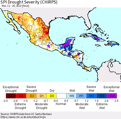 Mexico Central America and the Caribbean SPI Drought Severity (CHIRPS) Thematic Map For 3/11/2022 - 3/20/2022