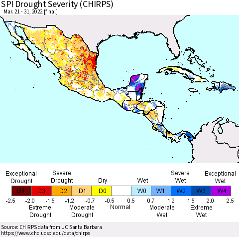 Mexico Central America and the Caribbean SPI Drought Severity (CHIRPS) Thematic Map For 3/21/2022 - 3/31/2022