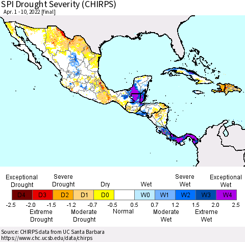 Mexico Central America and the Caribbean SPI Drought Severity (CHIRPS) Thematic Map For 4/1/2022 - 4/10/2022