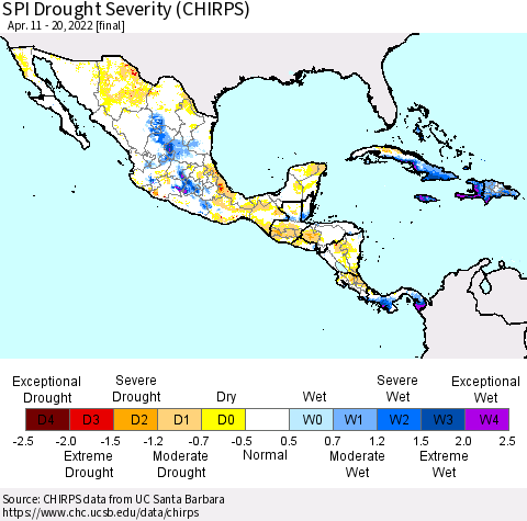Mexico Central America and the Caribbean SPI Drought Severity (CHIRPS) Thematic Map For 4/11/2022 - 4/20/2022