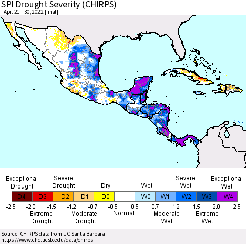 Mexico Central America and the Caribbean SPI Drought Severity (CHIRPS) Thematic Map For 4/21/2022 - 4/30/2022