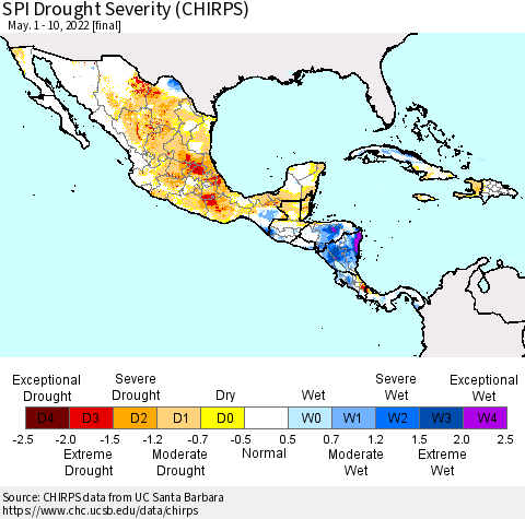 Mexico Central America and the Caribbean SPI Drought Severity (CHIRPS) Thematic Map For 5/1/2022 - 5/10/2022