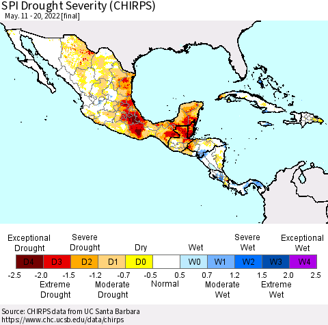 Mexico Central America and the Caribbean SPI Drought Severity (CHIRPS) Thematic Map For 5/11/2022 - 5/20/2022