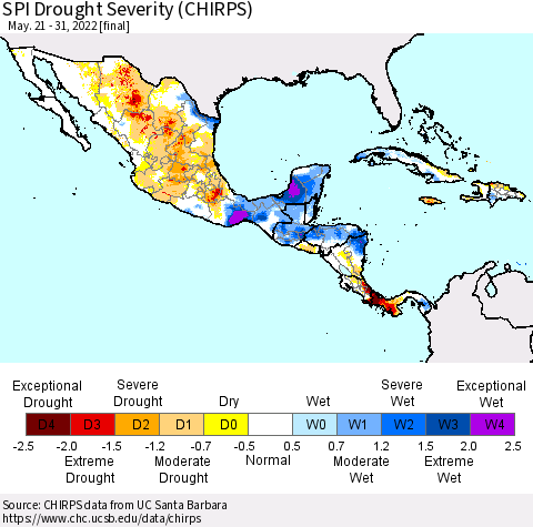 Mexico Central America and the Caribbean SPI Drought Severity (CHIRPS) Thematic Map For 5/21/2022 - 5/31/2022