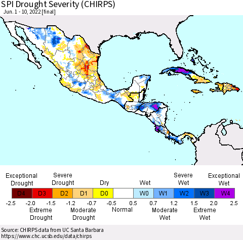 Mexico Central America and the Caribbean SPI Drought Severity (CHIRPS) Thematic Map For 6/1/2022 - 6/10/2022